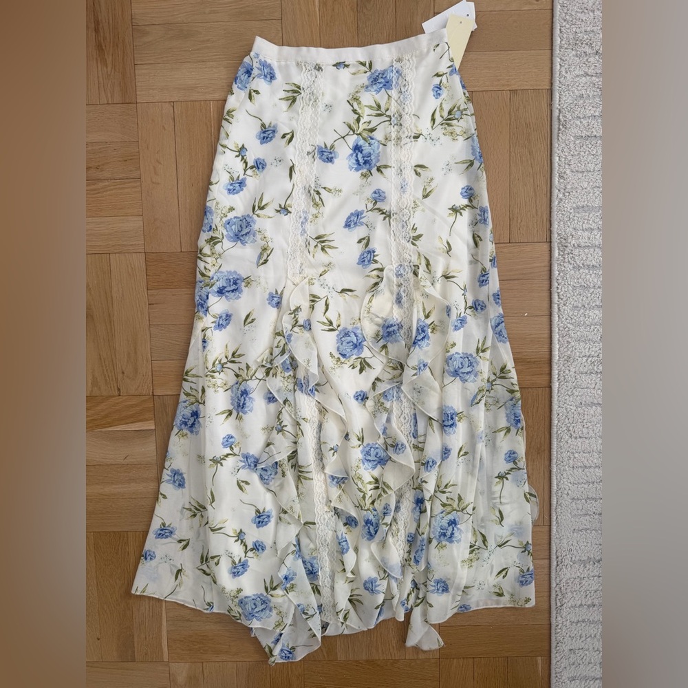 Floral Ruffle Maxi Skirt - Blue on Cream
